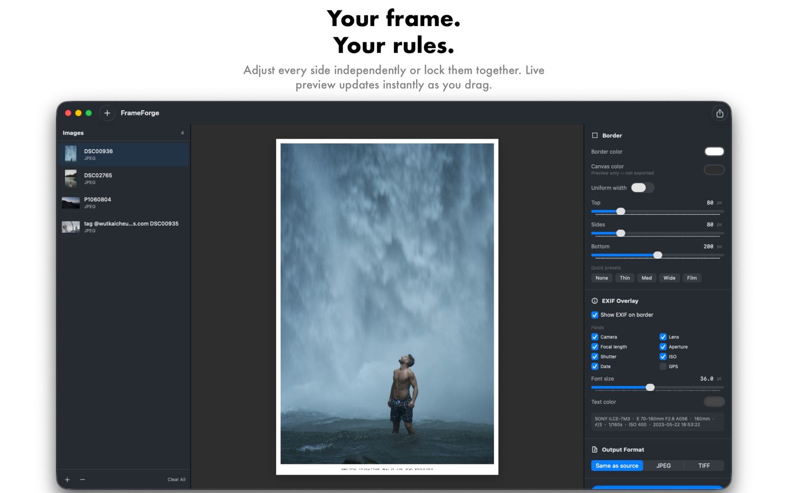 FrameForge editing a photo with a white border